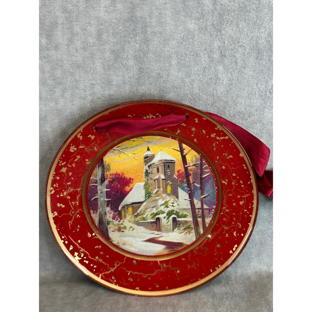 Vintage Red Christmas Plate Glass Winter Scene 9" Wall Hanging Ribbon 9" - Picture 6 of 6